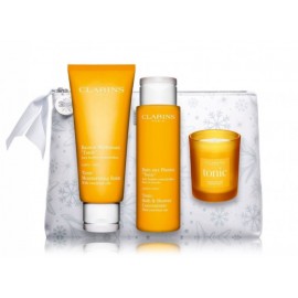 Clarins SPA at Home Rituals rinkinys (kūno balzamas 200 ml. + dušo gelis 200 ml. + žvakė 50 g. + kosmetinė)