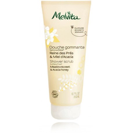 Melvita Meadowsweet & Acacia Honey Shower Scrub ekologiškas šveičiantis dušo gelis visų tipų odai