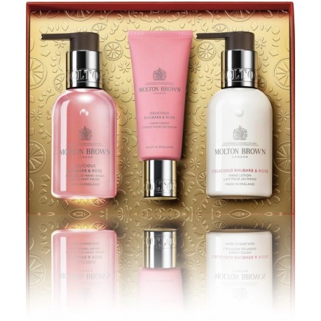 Molton Brown Delicious Rhubarb & Rose rankų priežiūros rinkinys (losjonas 100 ml. + muilas 100 ml. + kremas 40 ml.)