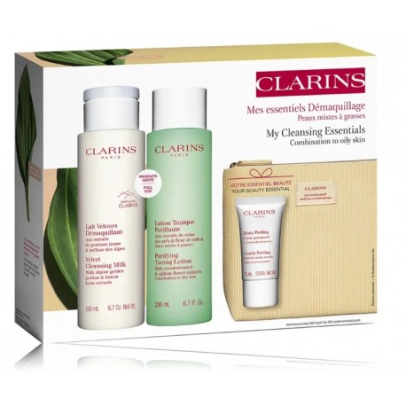 Clarins Cleansing Essentials rinkinys moterims (200 ml. valomasis pienelis + 200 ml. losjonas + 15 ml. šveičiamasis kremas + kosmetinė)